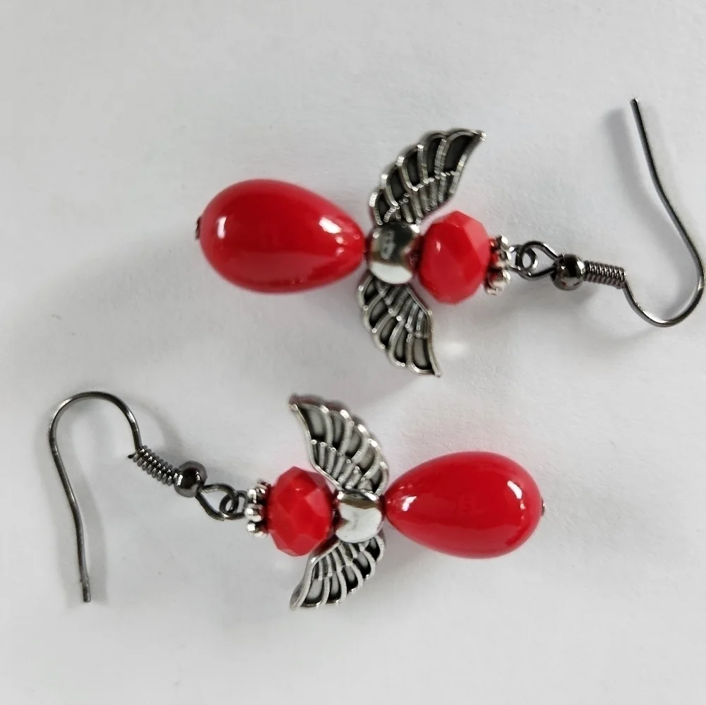 Hand Crafted Angel Earrings Red Silver Pierced Ears